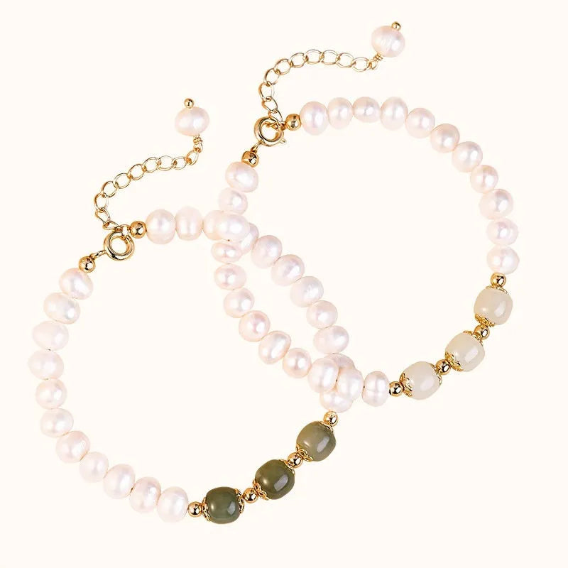 A diamond-shaped natural freshwater pearl bracelet in a Korean style, shown in deep Hetian jade colour with an electroplated finish.