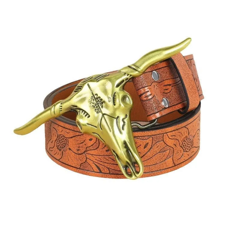 Men's black imitation leather belt with a detailed alloy cow head buckle.