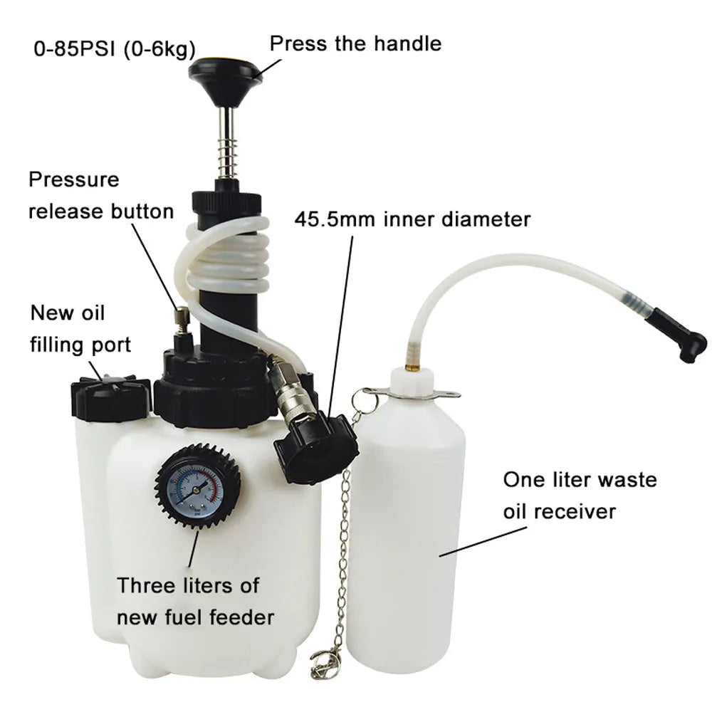 White 3-litre brake fluid bleeder kit with copper fittings and iron pump for car maintenance.