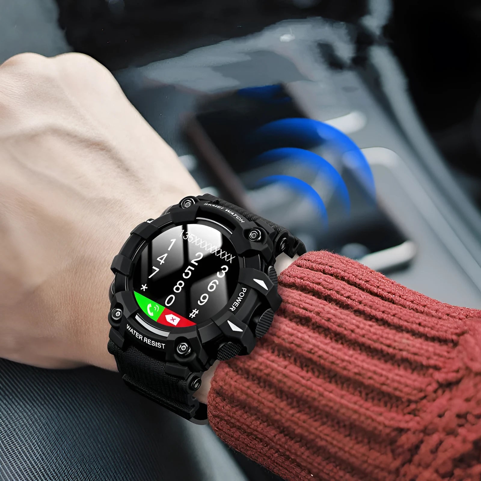 Blue multi-function smart watch with 56mm round touch screen display on a TPU strap