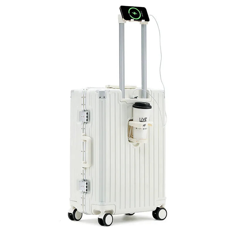 Aluminium frame luggage case in ABS PC material with universal wheels and organisational compartments