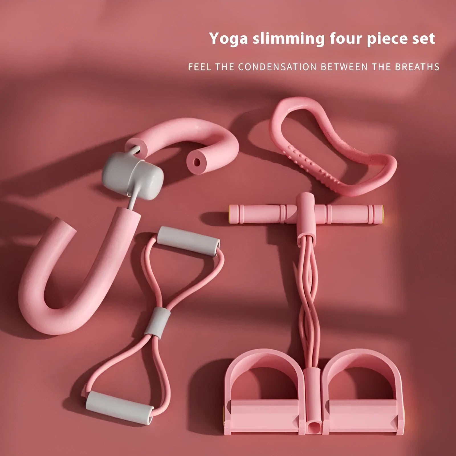 Yoga four piece fitness set showing leg beauty device, yoga ring, pedal tensioner, and figure eight tension rope.
