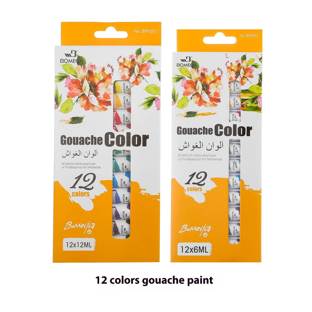 Set of 12-colour paint tubes for acrylic, gouache, watercolour, oil, glass, and textile painting organised in strips.