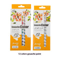 Set of 12-colour paint tubes for acrylic, gouache, watercolour, oil, glass, and textile painting organised in strips.