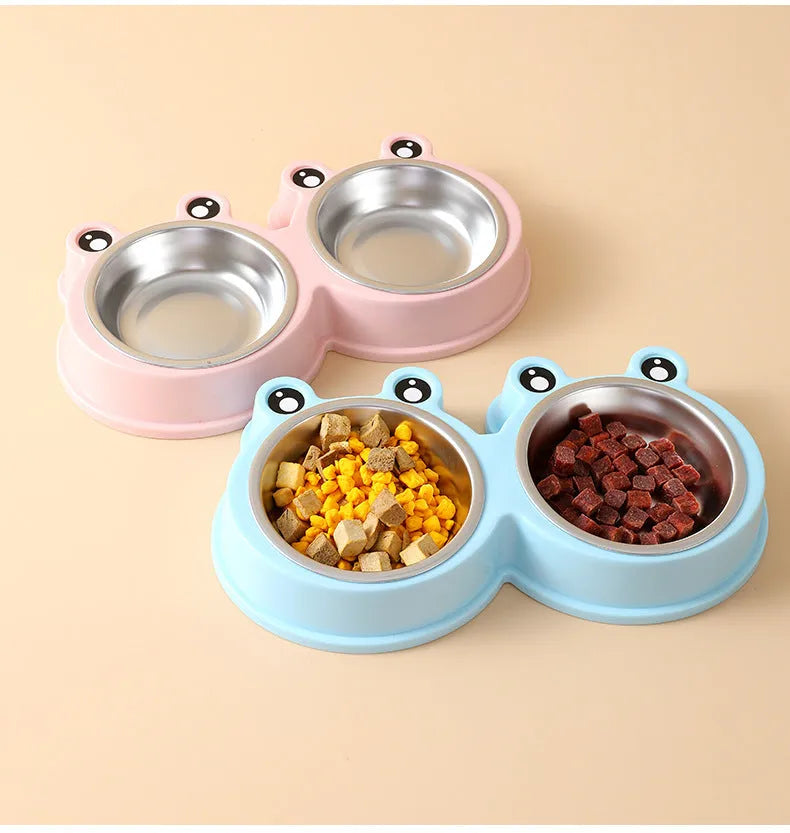 Stainless steel double pet bowl with frog design in blue, green, or pink colours