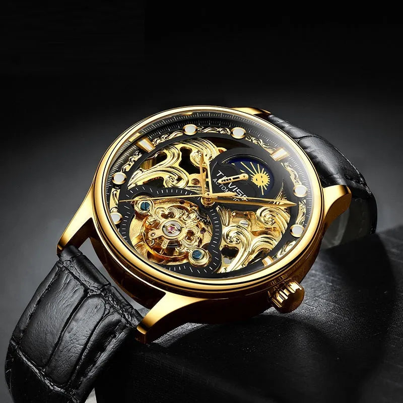 Men's waterproof automatic mechanical watch with leather strap in gold or white options