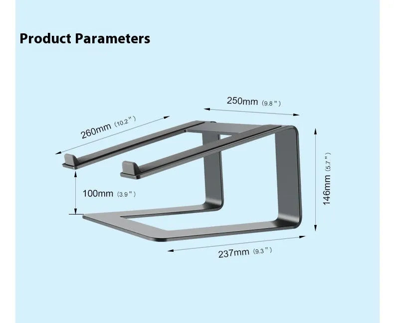 Black aluminium alloy laptop stand folded on desk next to silver version