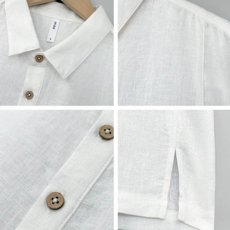 Men's linen summer top with thin lapels in loose fit, shown in optical linen colour