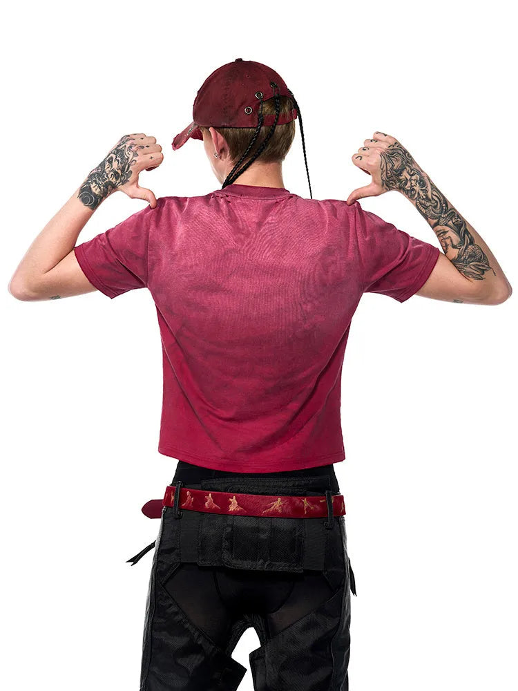 Men's red slim fit t-shirt with distressed details and dirty washed spray effect on short sleeves