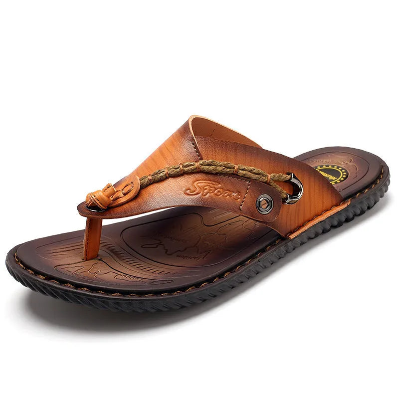 Men's dark blue outdoor slippers with herringbone rubber soles and leather lining, plus size 38-46