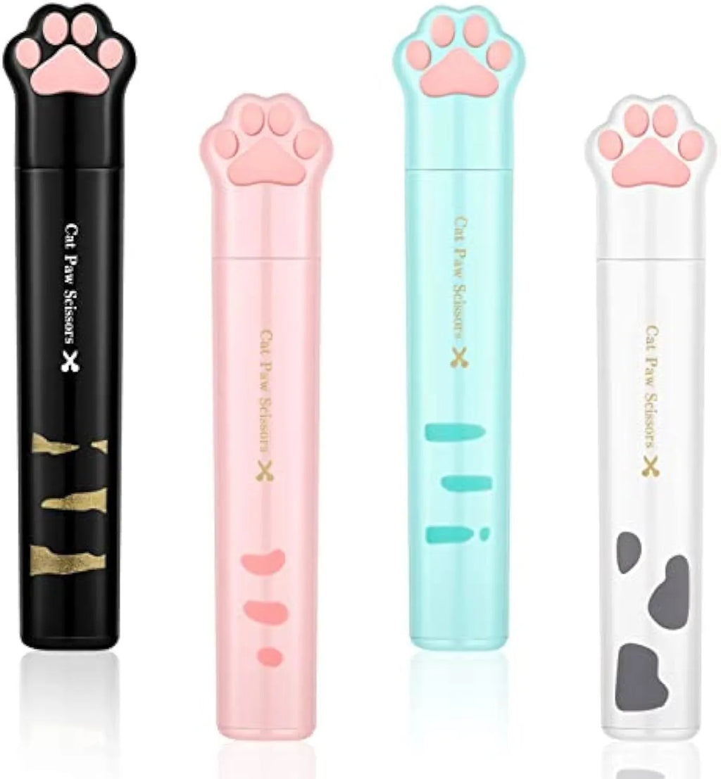 Cat paw mini folding safety scissors showing stainless steel blades and decorative handles in four colour options