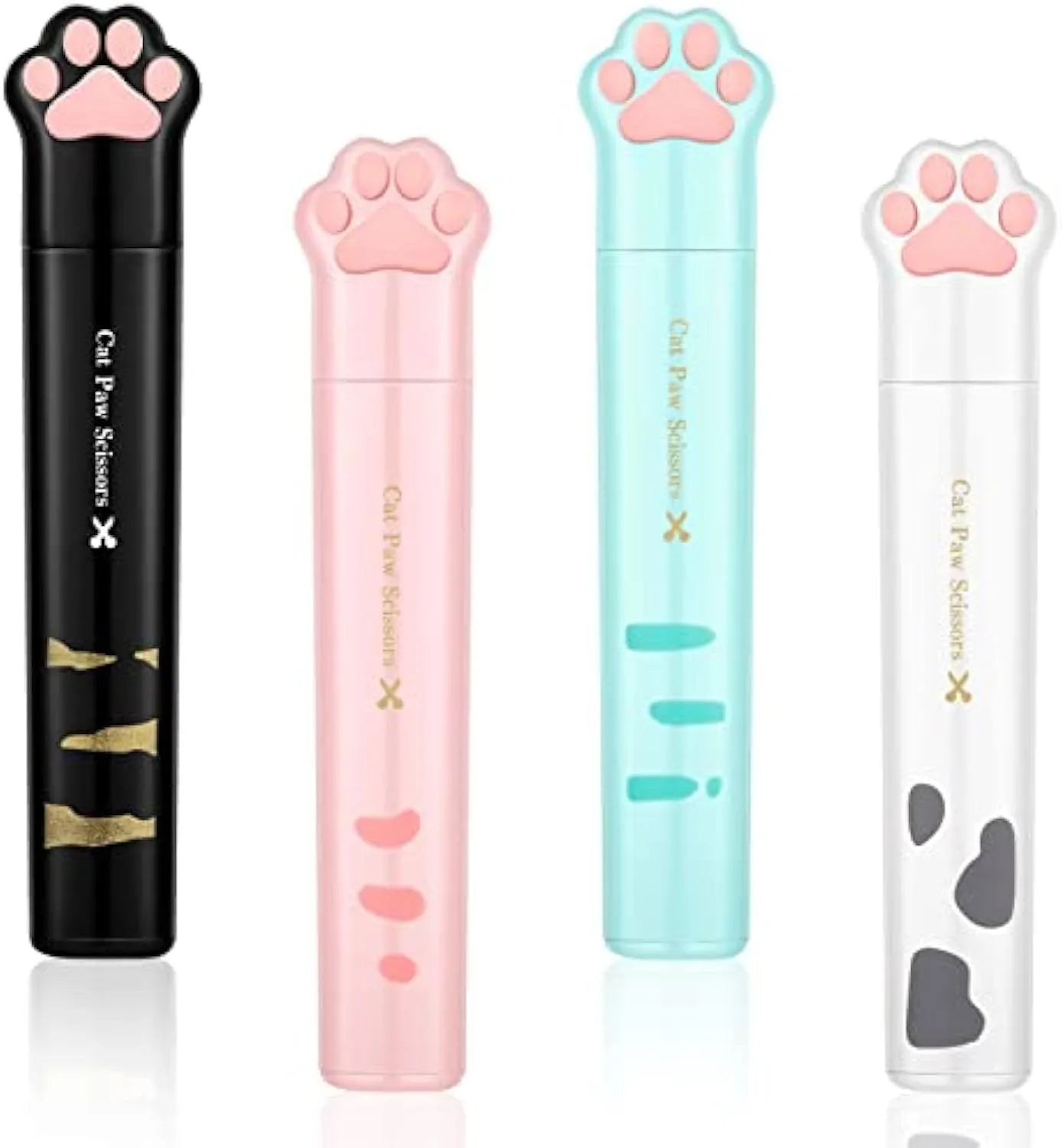 Cat paw mini folding safety scissors showing stainless steel blades and decorative handles in four colour options