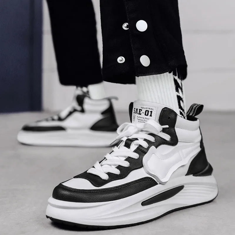 Men's black and white high-top board shoes with round toe and platform design