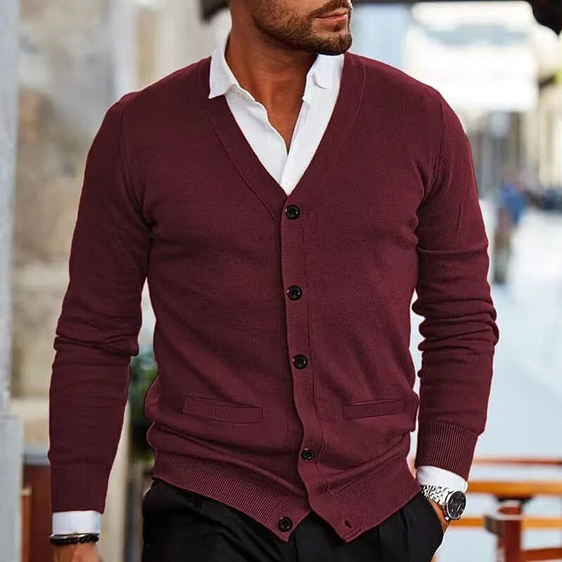 Men's slim fit acrylic cardigan sweater coat in wine red colour on a hanger