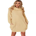 Women's apricot loose-fit pullover sweater with a chest pocket on a hanger.