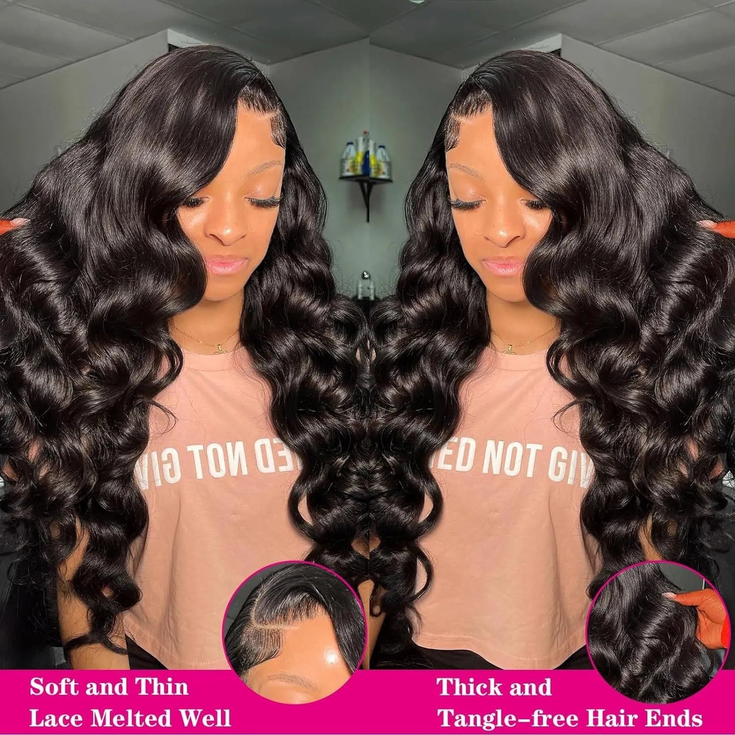 Black medium-long curly synthetic full-head wig on a lace mesh cap, shown from the front.