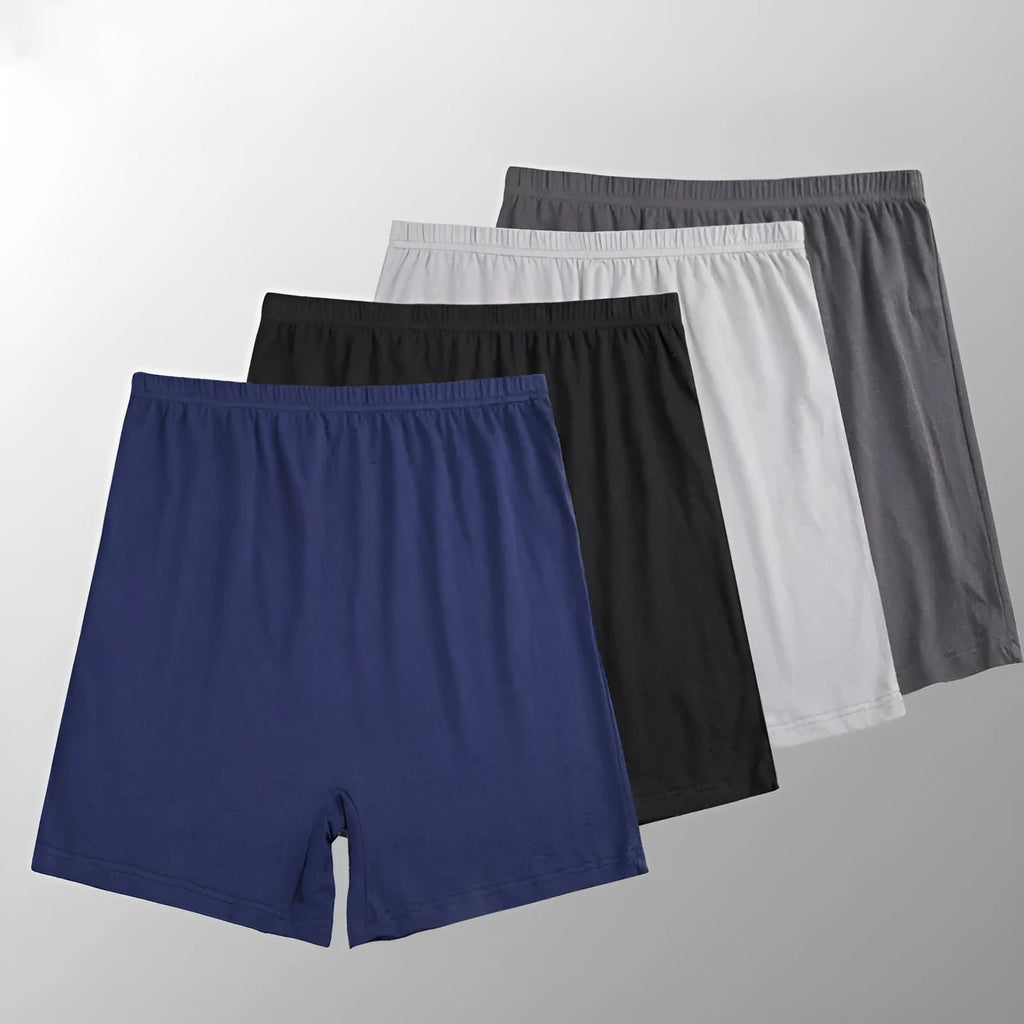 Men's solid colour high-waist modal boxers in black, blue, grey, and brown.