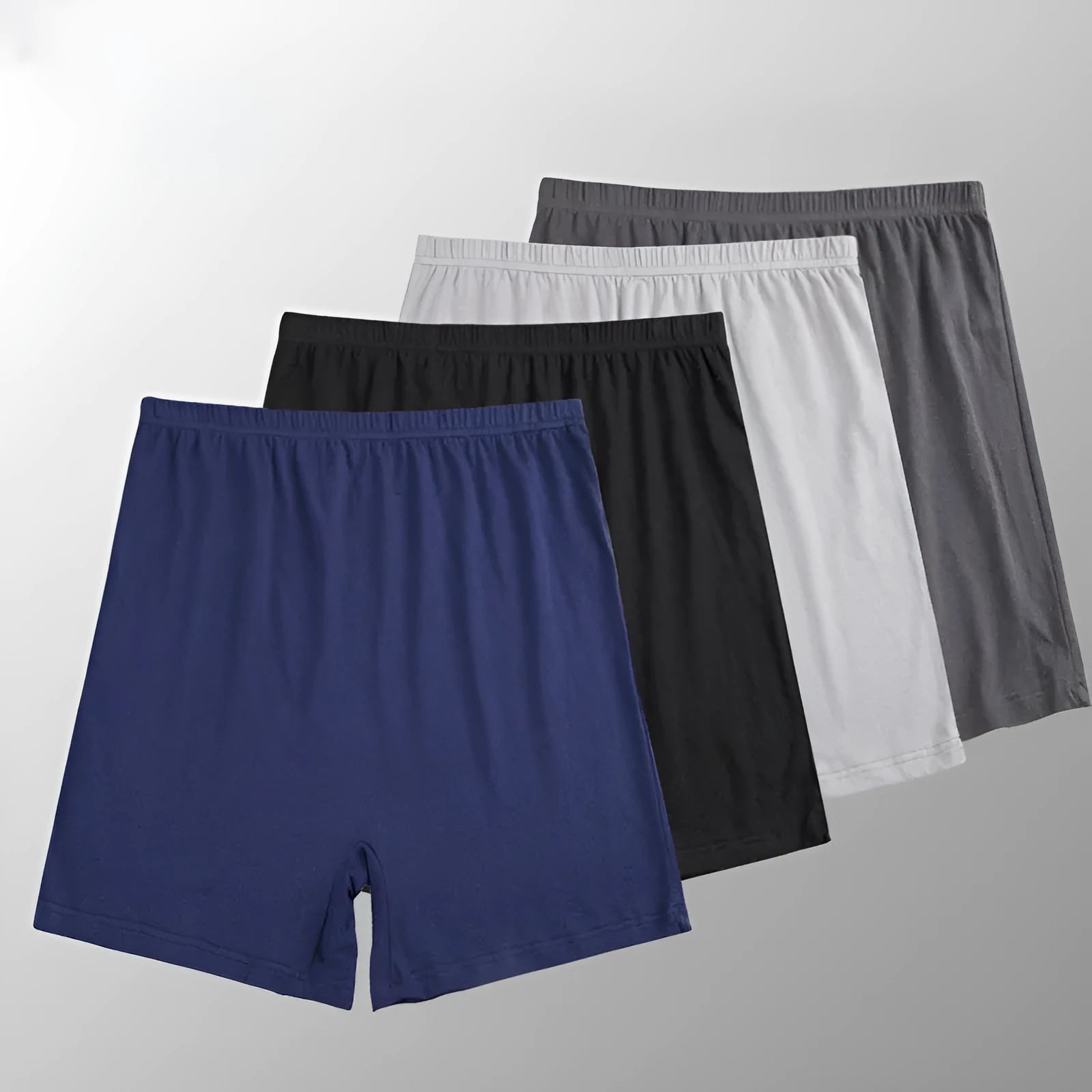Men's solid colour high-waist modal boxers in black, blue, grey, and brown.