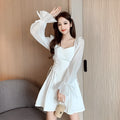 White chiffon patchwork women's dress with waist-slimming design and long sleeves
