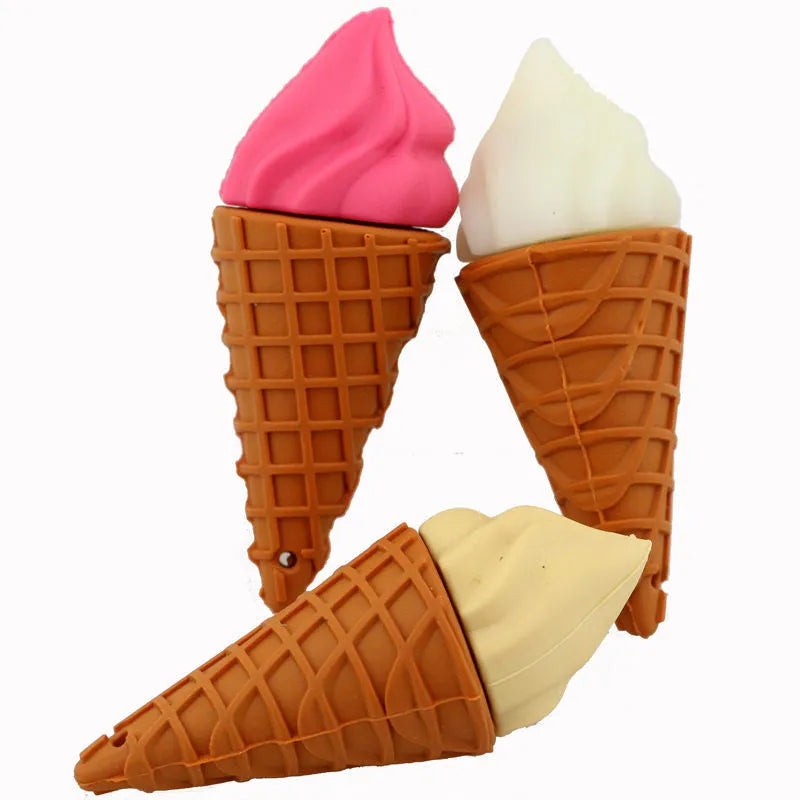 Mini ice cream shaped USB flash drive in pink colours on a white background.