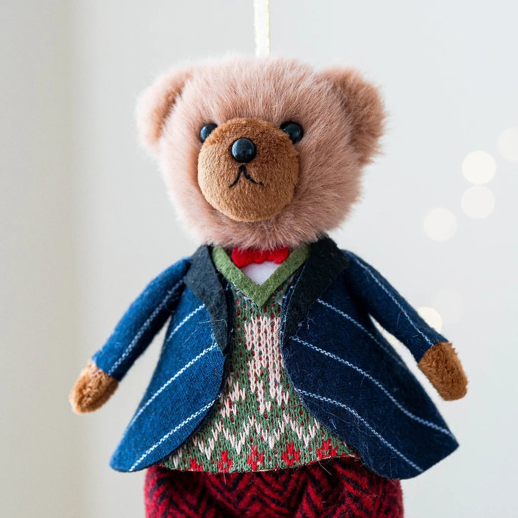 Couple plush bear dolls wearing cotton plaid outfits, princess bear and gentleman bear cartoon characters
