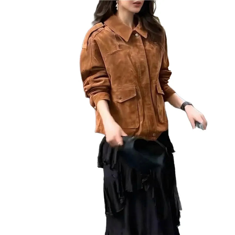 Women's street chic coat in suede-look polyester fabric showing regular sleeves and brown colour options