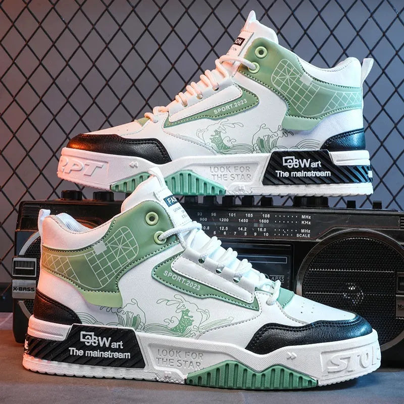 Men's beige high-top board shoes with lace-up front and rubber sole