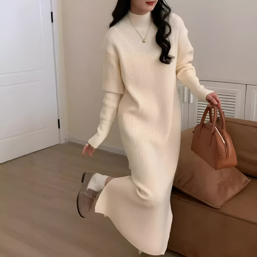 Half turtleneck knitted dress in acrylic fibre with knee-length skirt and long sleeves