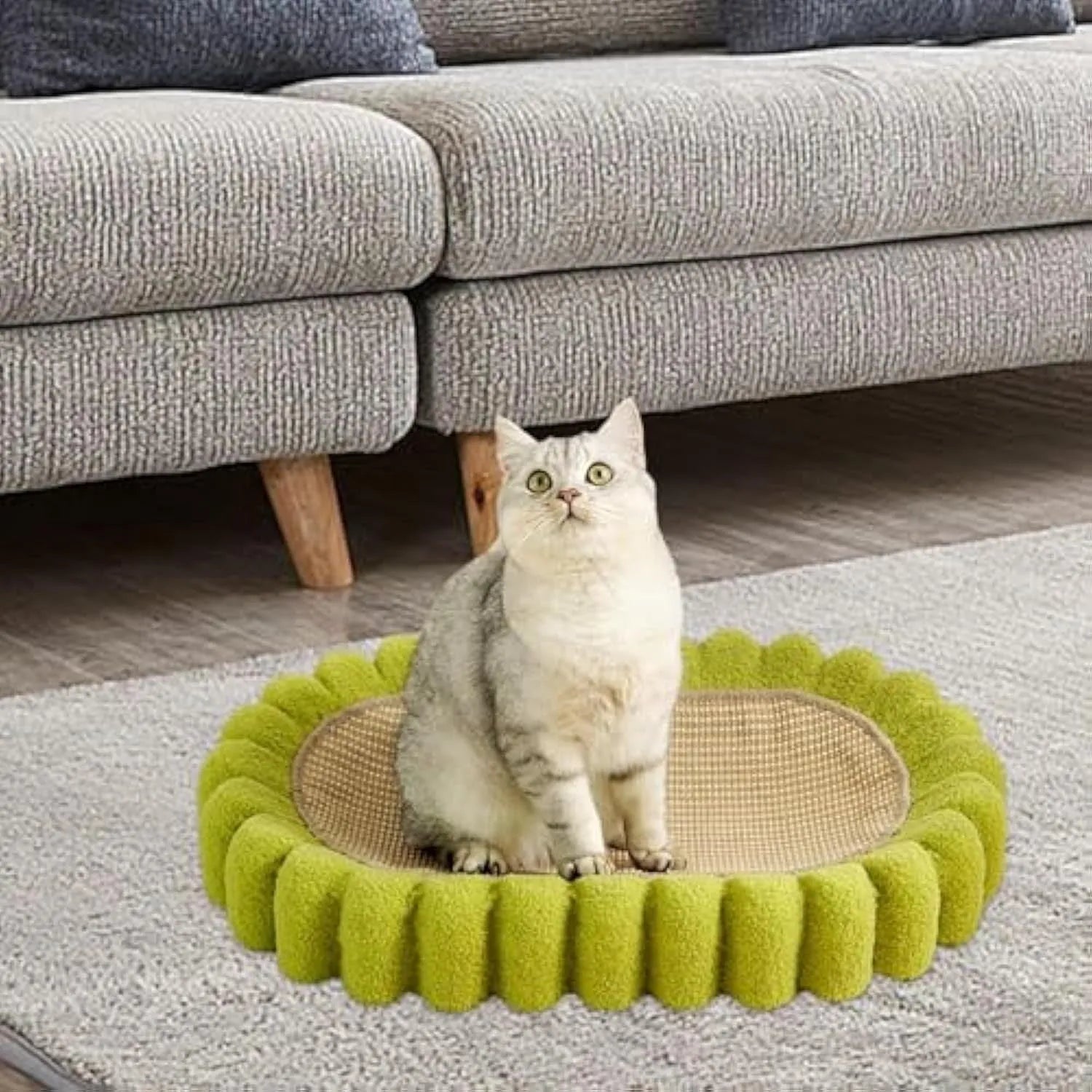 Green oval cat scratch pad bowl with sisal scratching surface measuring 650mm