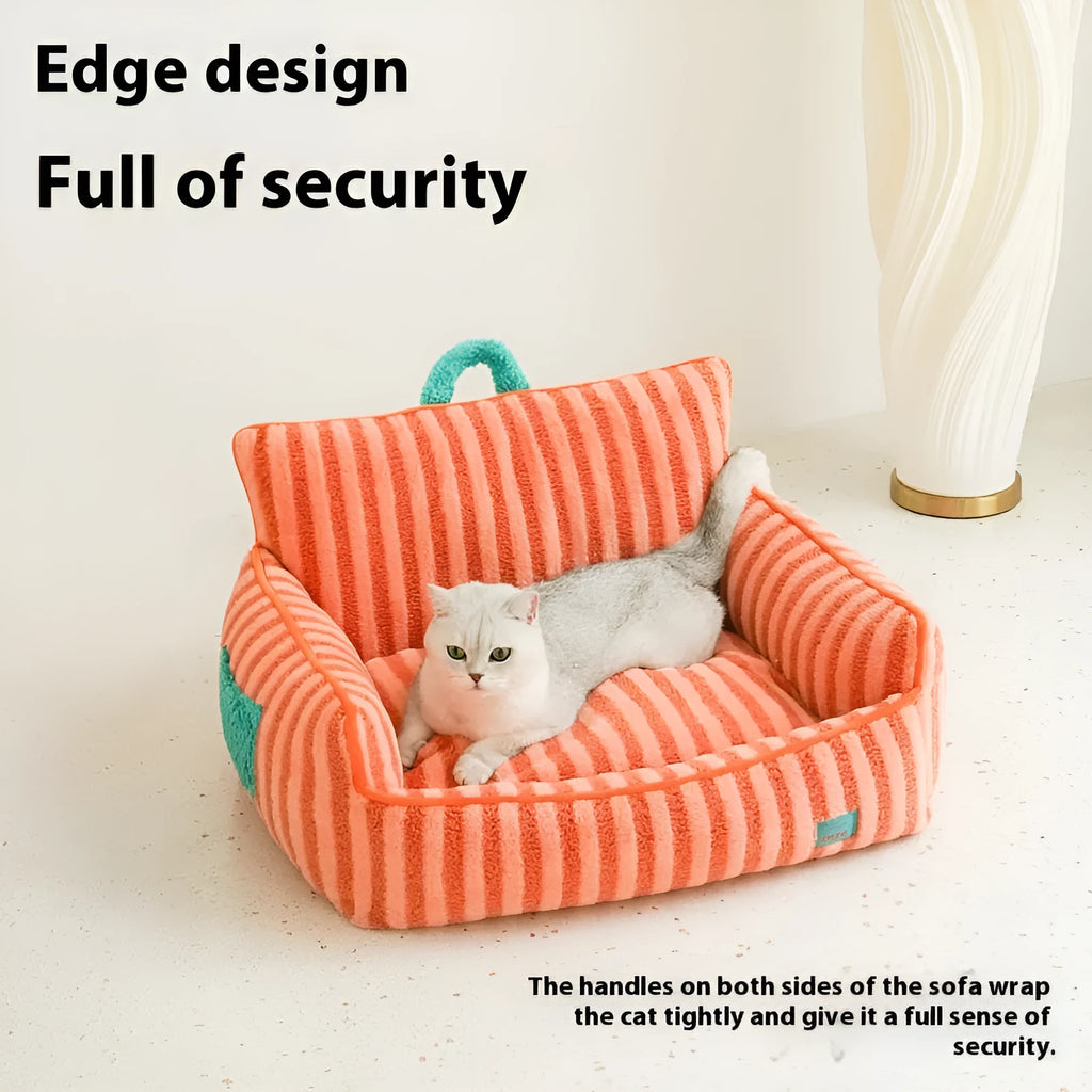 Striped soft velvet pet bed with removable cover in yellow, orange, and purple colour options.