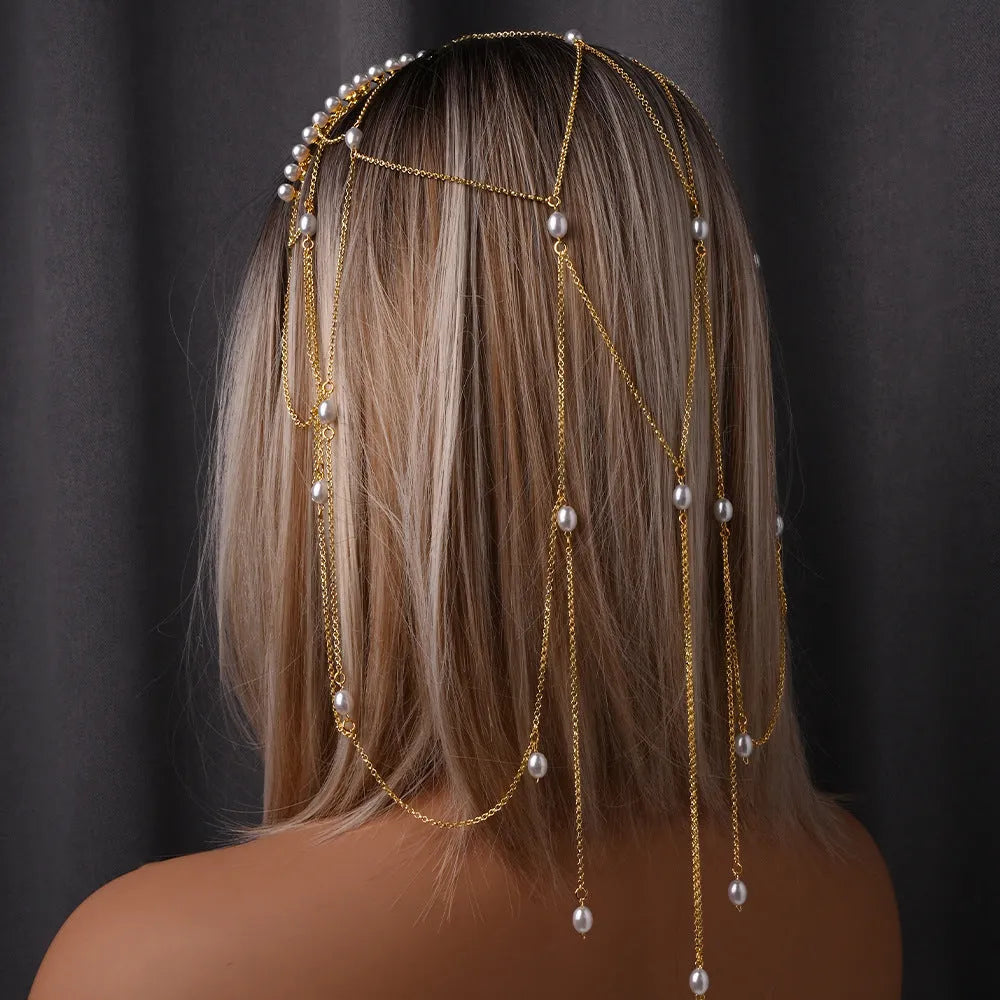 Gold mesh hair chain with pearl embellishments and dangling tassel detail for women
