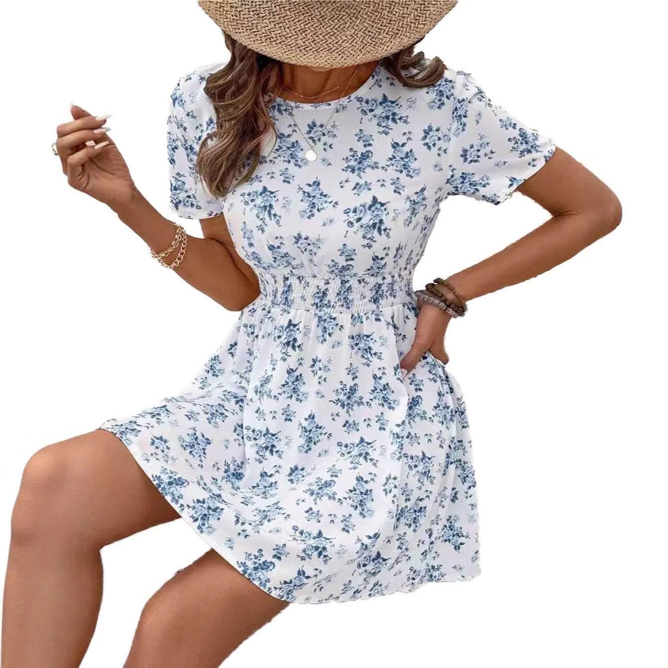 Light blue polyester A-line midi dress with high waist and regular sleeves