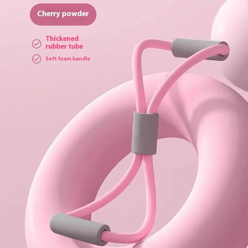 Yoga four piece fitness set showing leg beauty device, yoga ring, pedal tensioner, and figure eight tension rope.