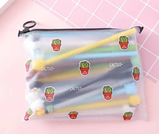Twenty colourful cartoon cactus design 0.5mm black ink pens in plastic storage case measuring 21 by 17 centimetres