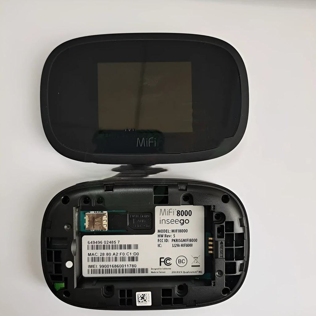 Black mifi8000 4G portable wireless router with battery and cable on a white background.