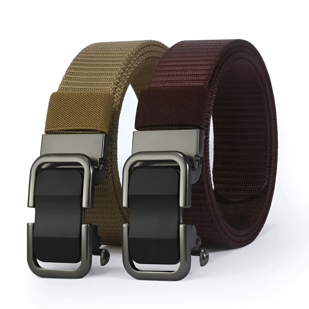 Men's nylon canvas belt with metal alloy buckle shown in army green colour.