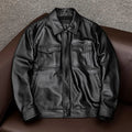Men's black lapel leather jacket with loose fit and side pockets on plus-size model