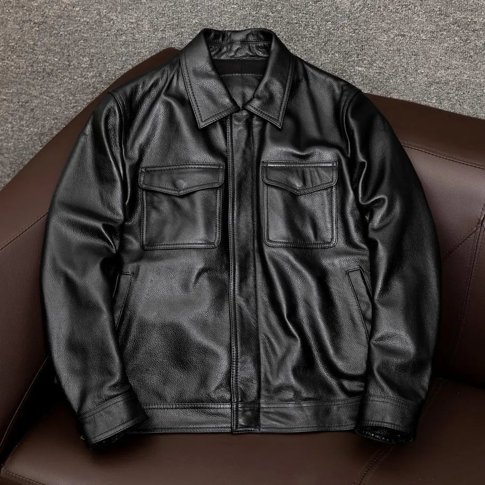 Men's black lapel leather jacket with loose fit and side pockets on plus-size model