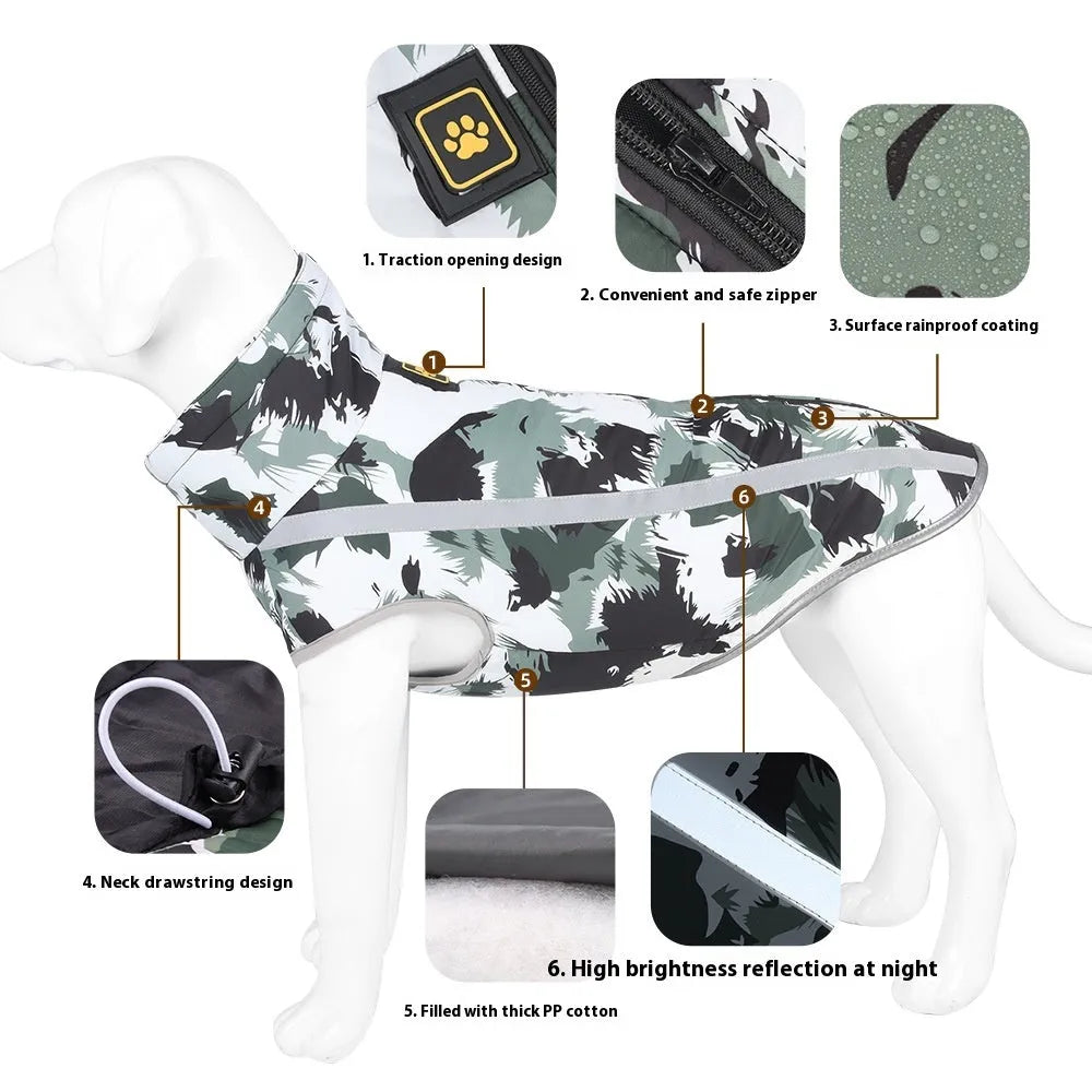 A large reflective dog jacket in thick polyester material, shown in a geometric blue colour option.
