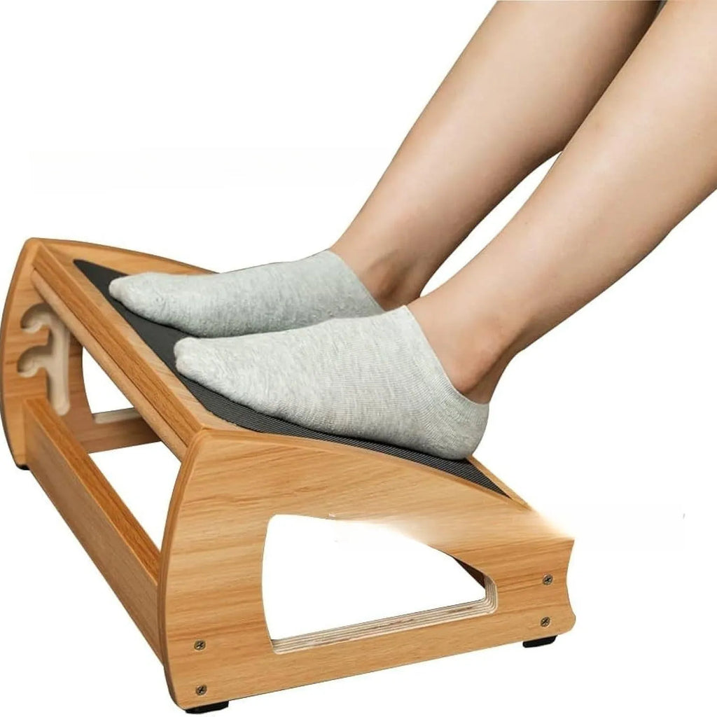 Wooden adjustable bamboo office desk footstool in natural wood colour