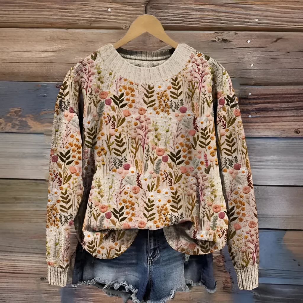 Women's little flower digital printed round neck sweater with floral pattern in polyester knit fabric