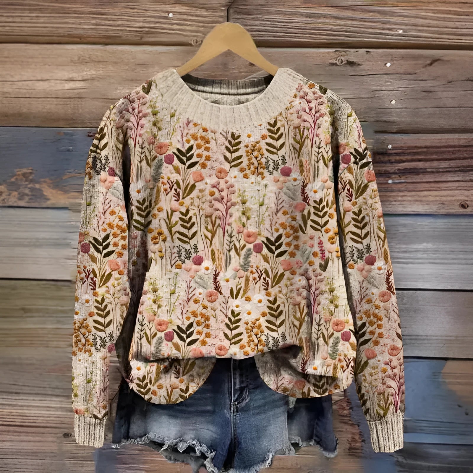 Women's little flower digital printed round neck sweater with floral pattern in polyester knit fabric