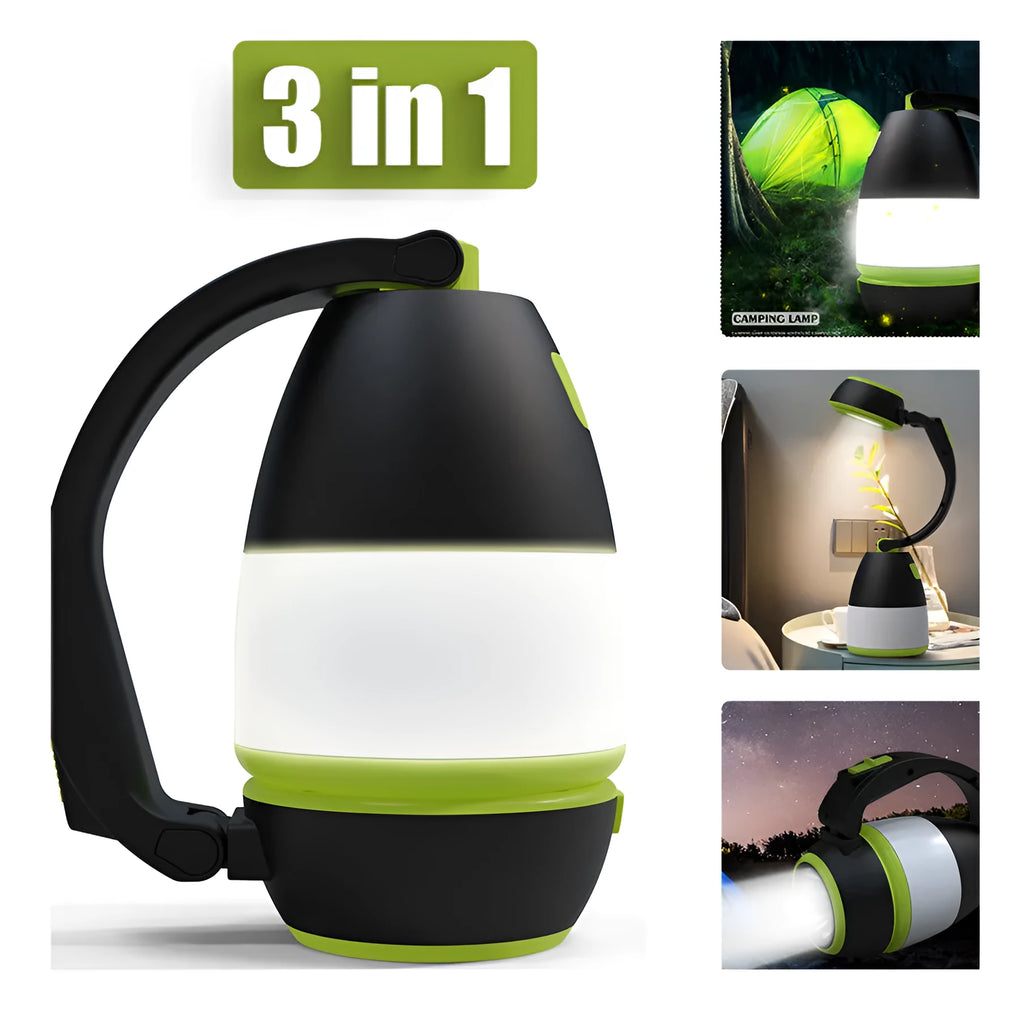 Black Green multifunctional LED tent lamp with adjustable head and USB charging port