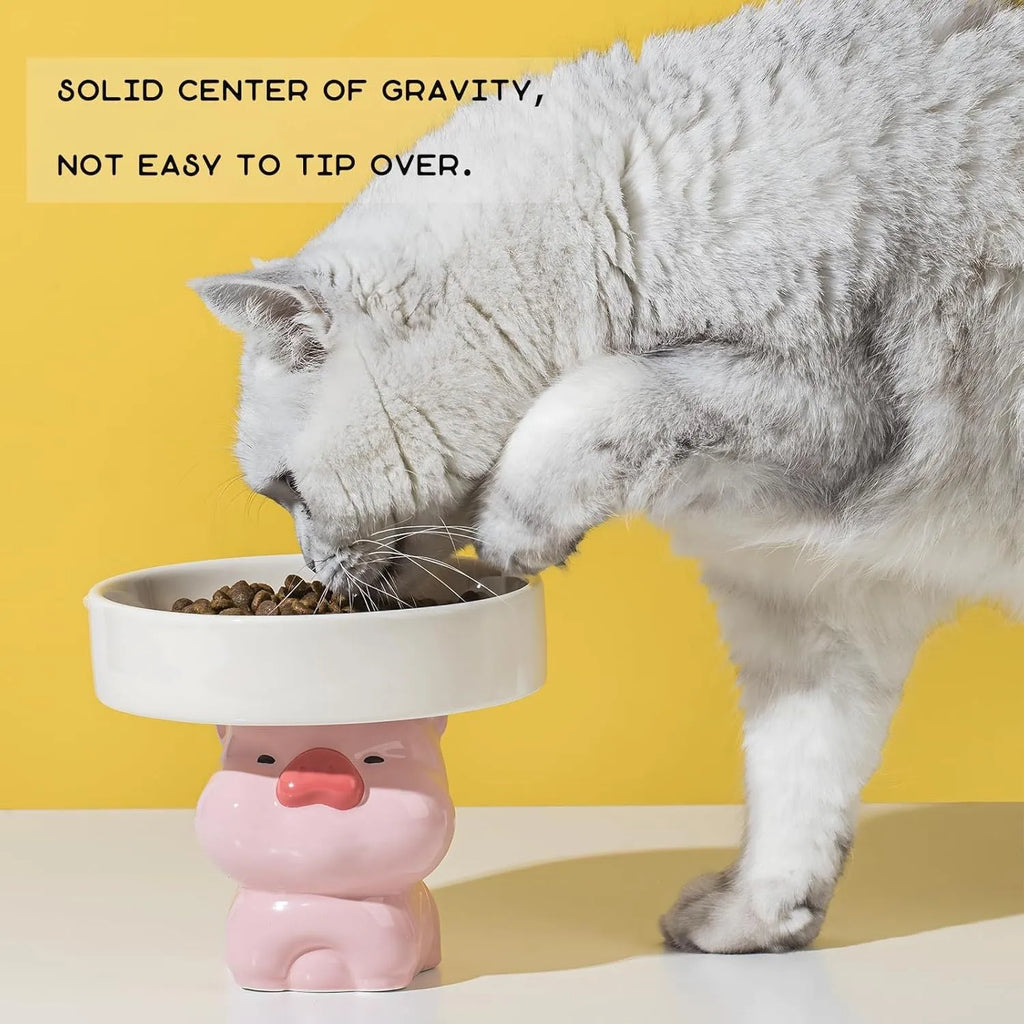 Ceramic raised cat bowl in animal theme design on white background