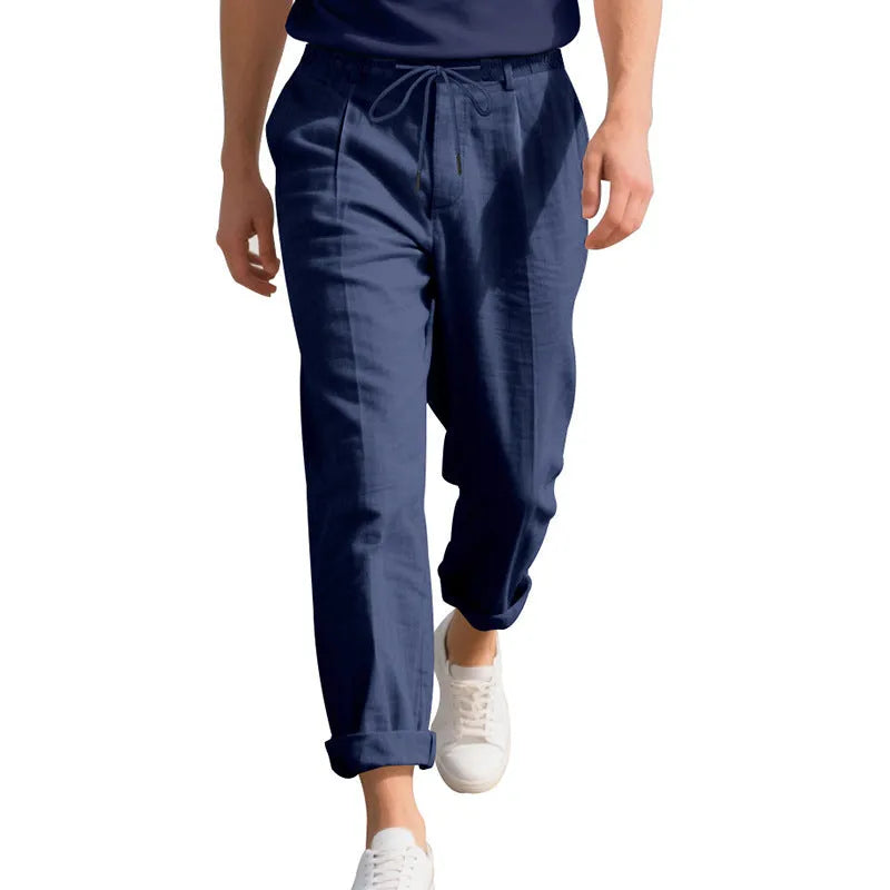 Men's linen straight-leg trousers in army green colour with drawstring waist