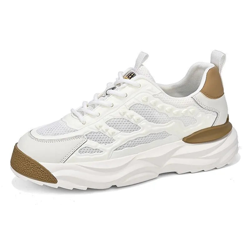 Men's white and black breathable mesh shoes with round toe design in sizes 39-44