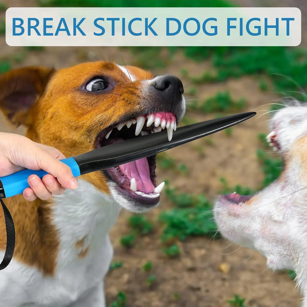 Blue handled nylon dog training break stick for small and medium breed bite control.