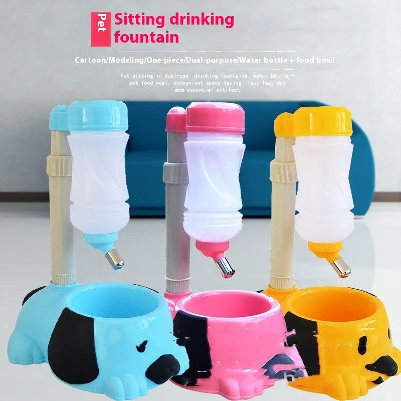 Adjustable rod-lift pet drinking bowl in blue plastic with height adjustment mechanism