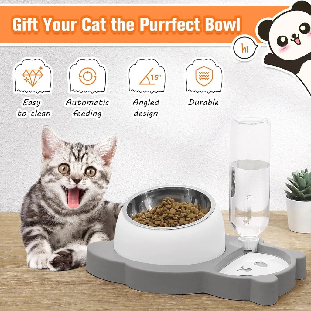 Grey panda-shaped elevated pet feeder with automatic water bottle and tilted stainless steel bowls for cats and small dogs