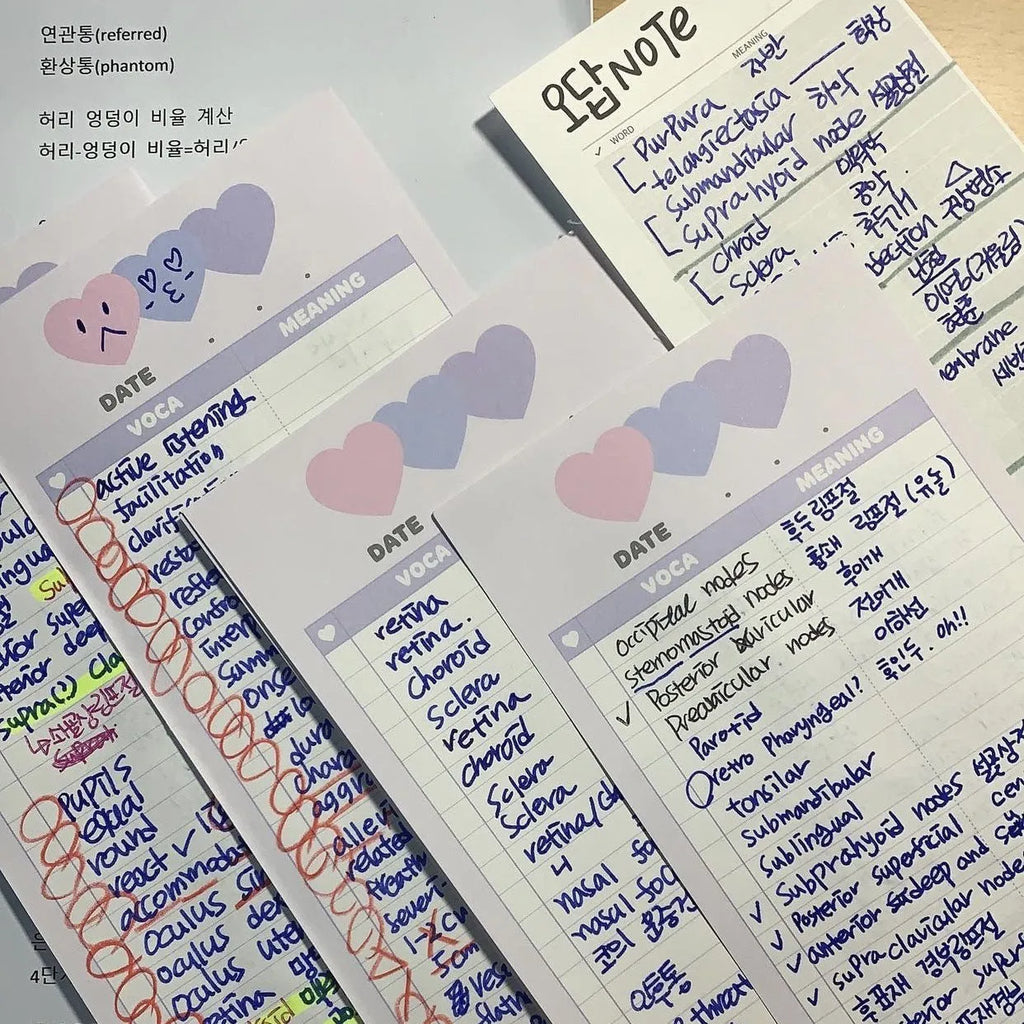 B5 half size notepad with vertical double-sided English words printing in pink, purple or blue cover